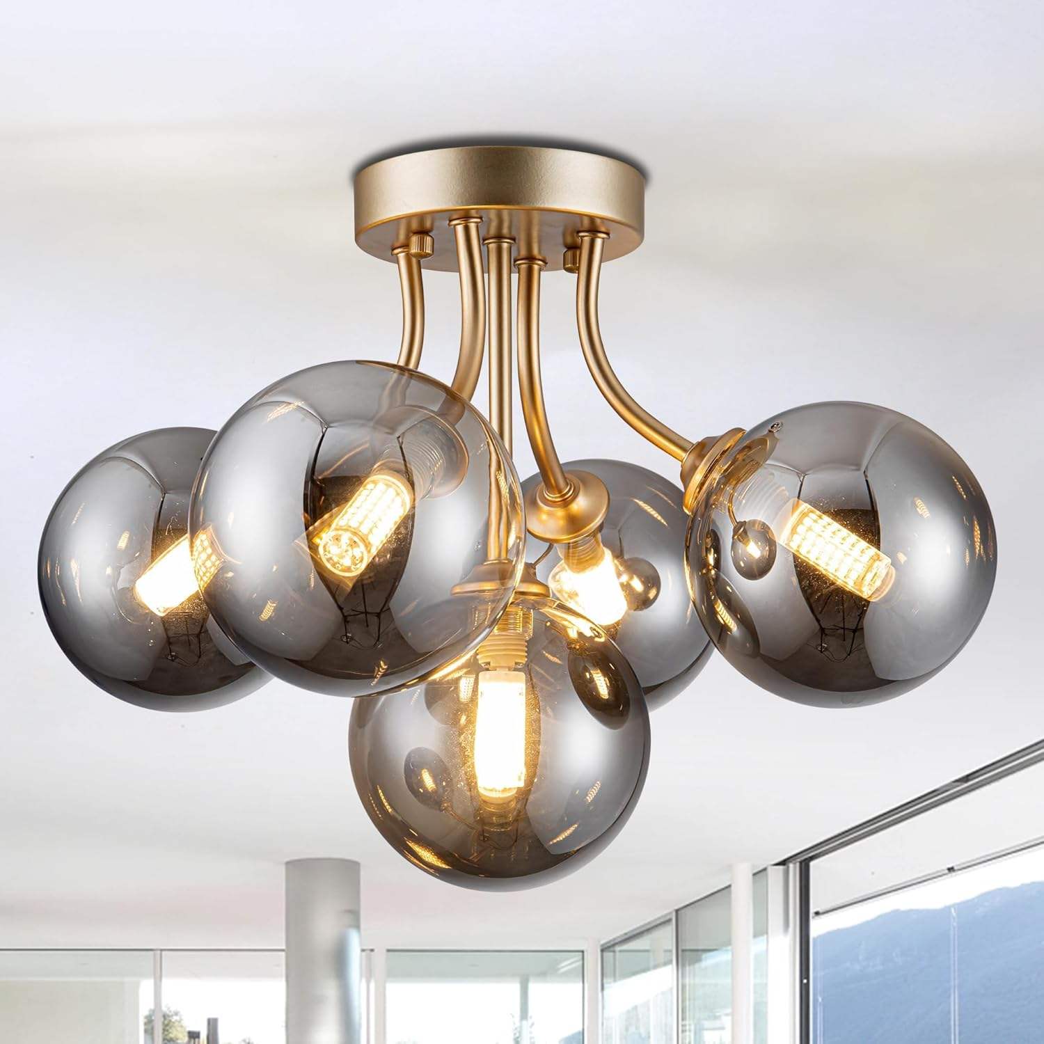 Gold 3-Light Glass Globe Semi-Flush Ceiling Light