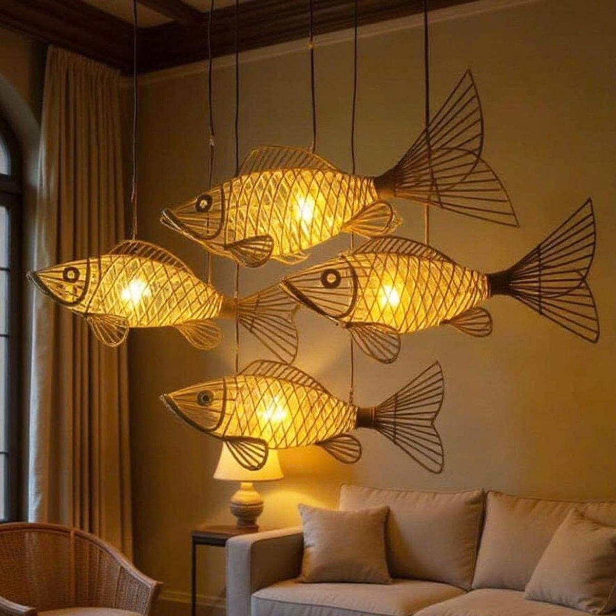 Fish Shape Rattan Boho Pendant Light